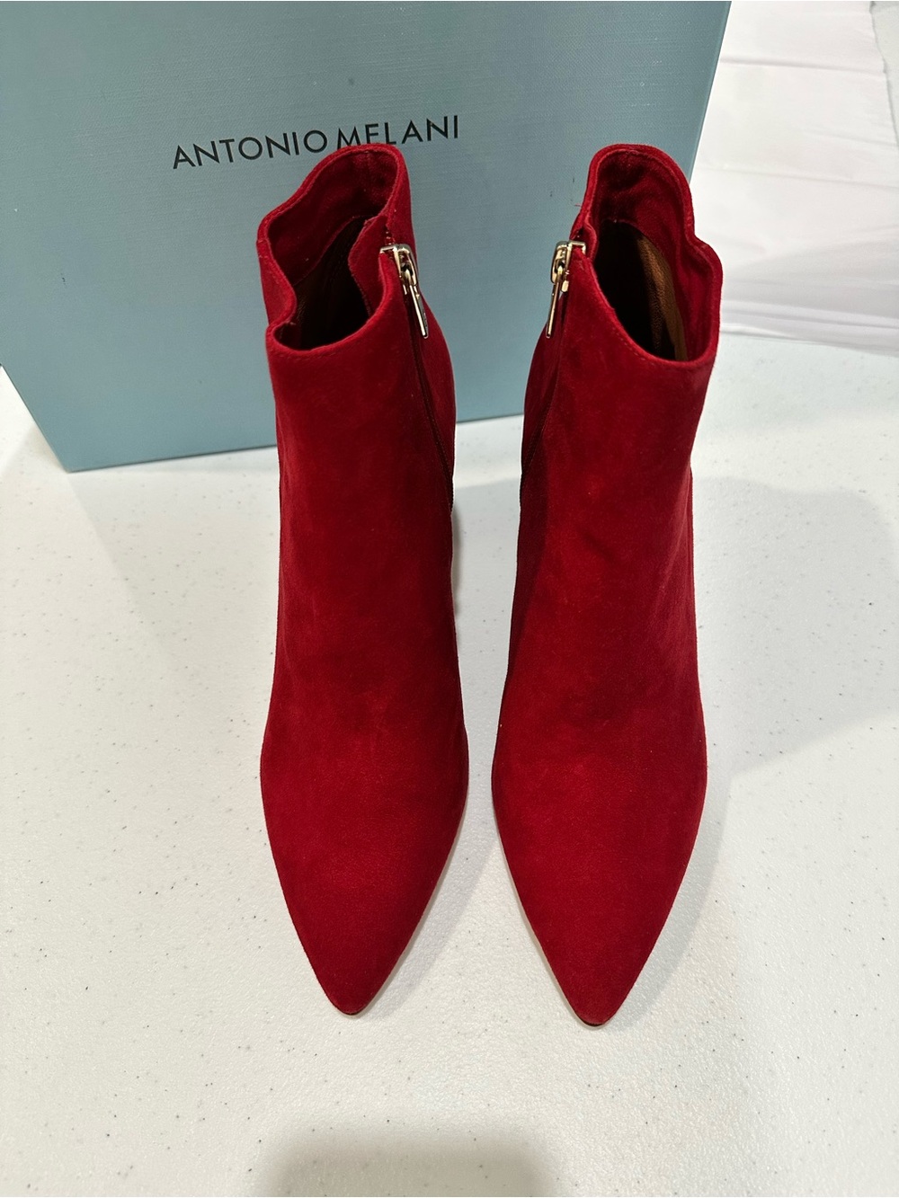 ANTONIO MELANI Red Suede Pointed Toe Ankle Booties with Side Zip